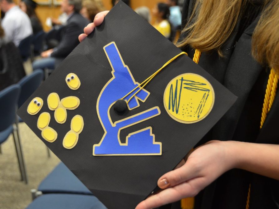  mortarboard decorated with cartoon microscope and microbes